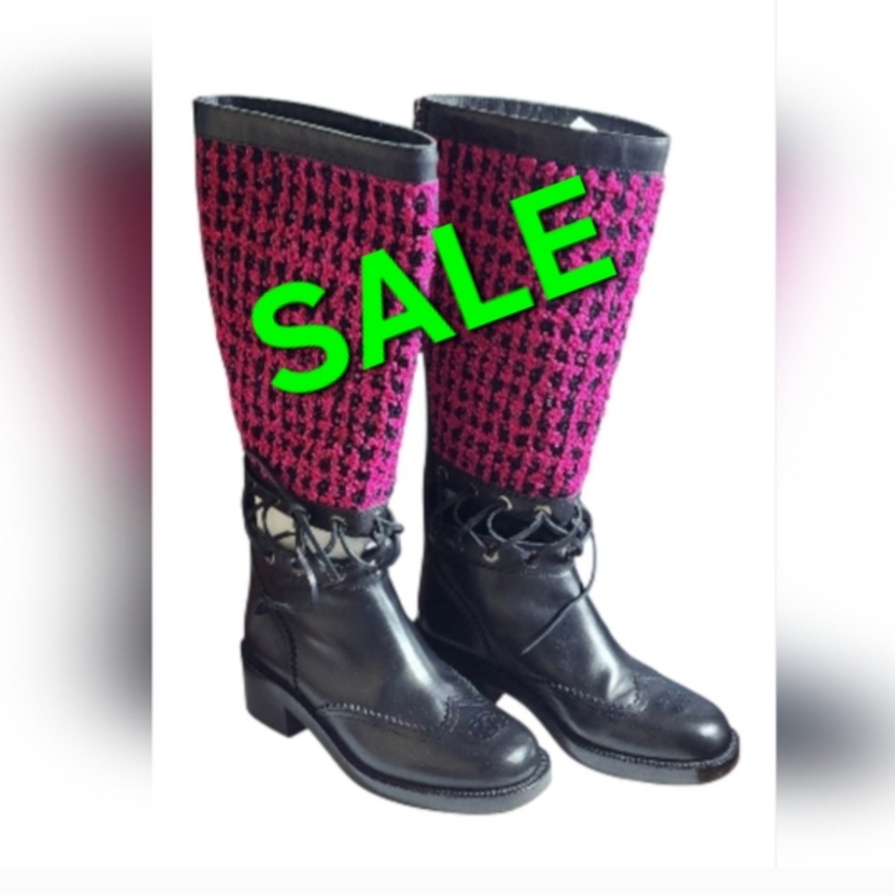 Super EUC CHANEL Leather & Tweed Winter Boots Sz. 37C Full Inclusion
